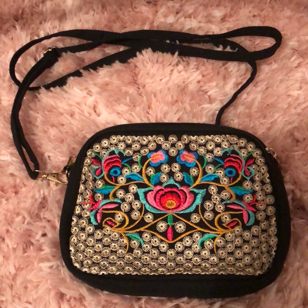 Black printed crossbody purse